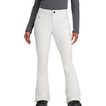 Obermeyer Women's Hillary Stretch Pant 2025 - White snow pants with black zippers and a small pocket on the right thigh.
