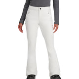 Obermeyer Women's Hillary Stretch Pant 2025 - White snow pants with black zippers and a small pocket on the right thigh.