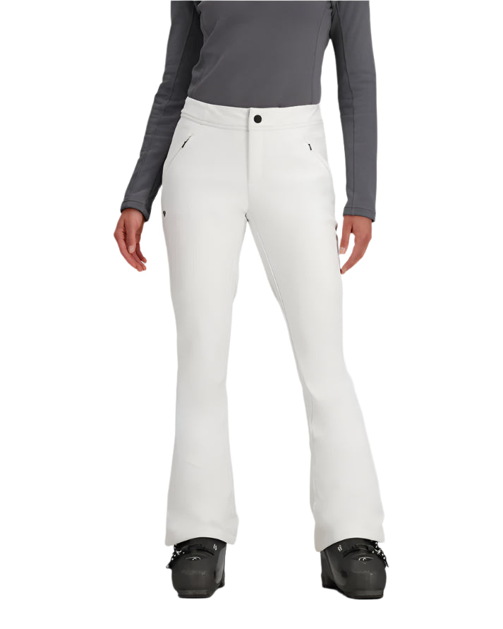 Obermeyer Women's Hillary Stretch Pant 2025 - White snow pants with black zippers and a small pocket on the right thigh.