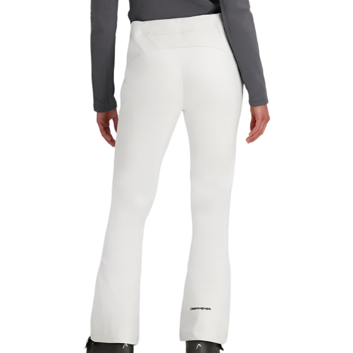 Obermeyer Women's Hillary Stretch Pant 2025 - A pair of white snow pants with a subtle black logo on the left leg.