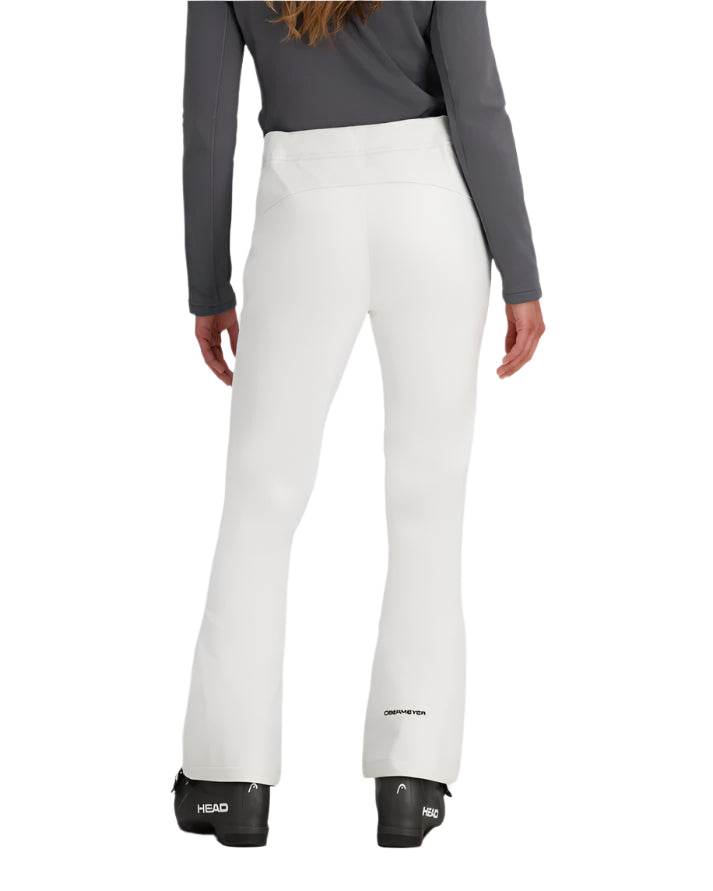 Obermeyer Women's Hillary Stretch Pant 2025 - A pair of white snow pants with a subtle black logo on the left leg.