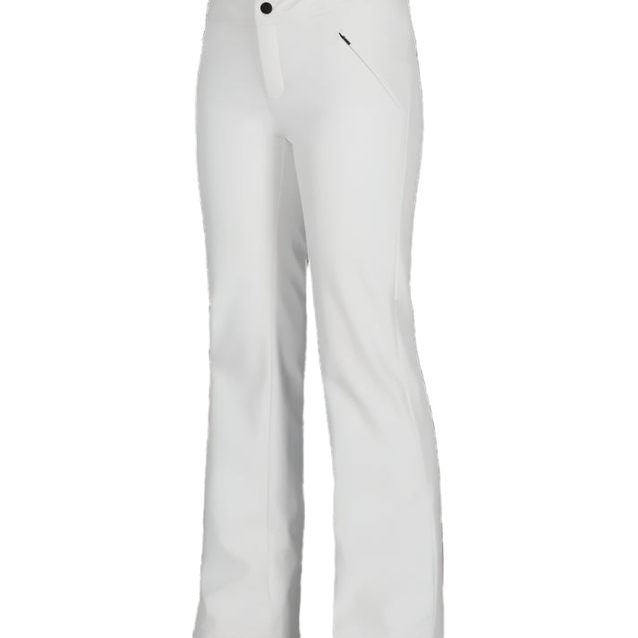 Obermeyer Women's Hillary Stretch Pant 2025 - A pair of white ski pants with a black button on the waistband, featuring a subtle diagonal stripe pattern.