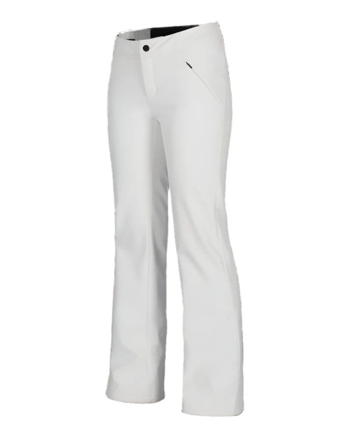 Obermeyer Women's Hillary Stretch Pant 2025 - A pair of white ski pants with a black button on the waistband, featuring a subtle diagonal stripe pattern.