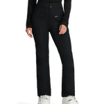 Black insulated ski pants with button waist and full-length leg zips