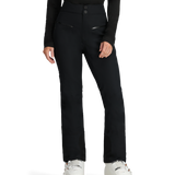 Black insulated ski pants with button waist and full-length leg zips