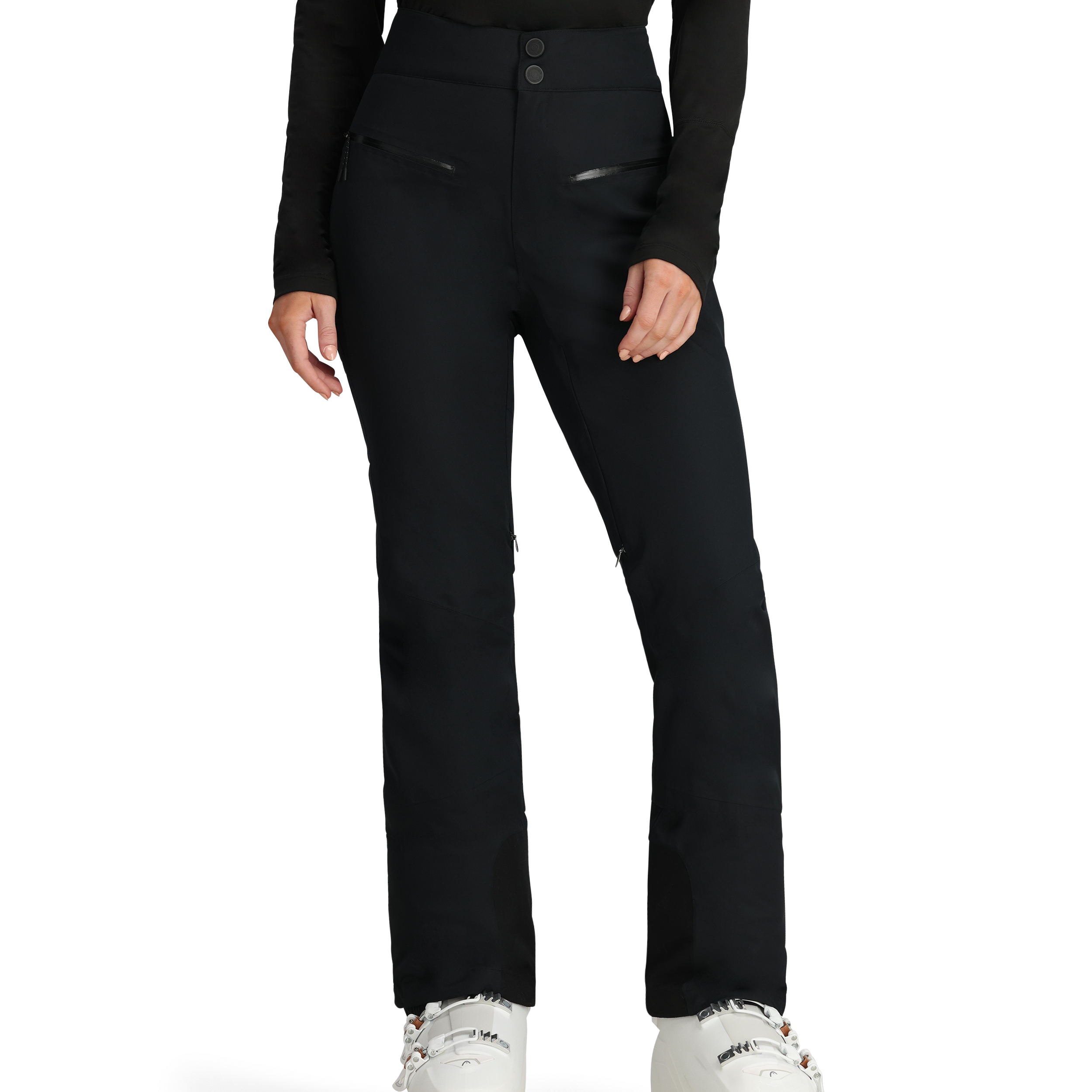 Black insulated ski pants with button waist and full-length leg zips