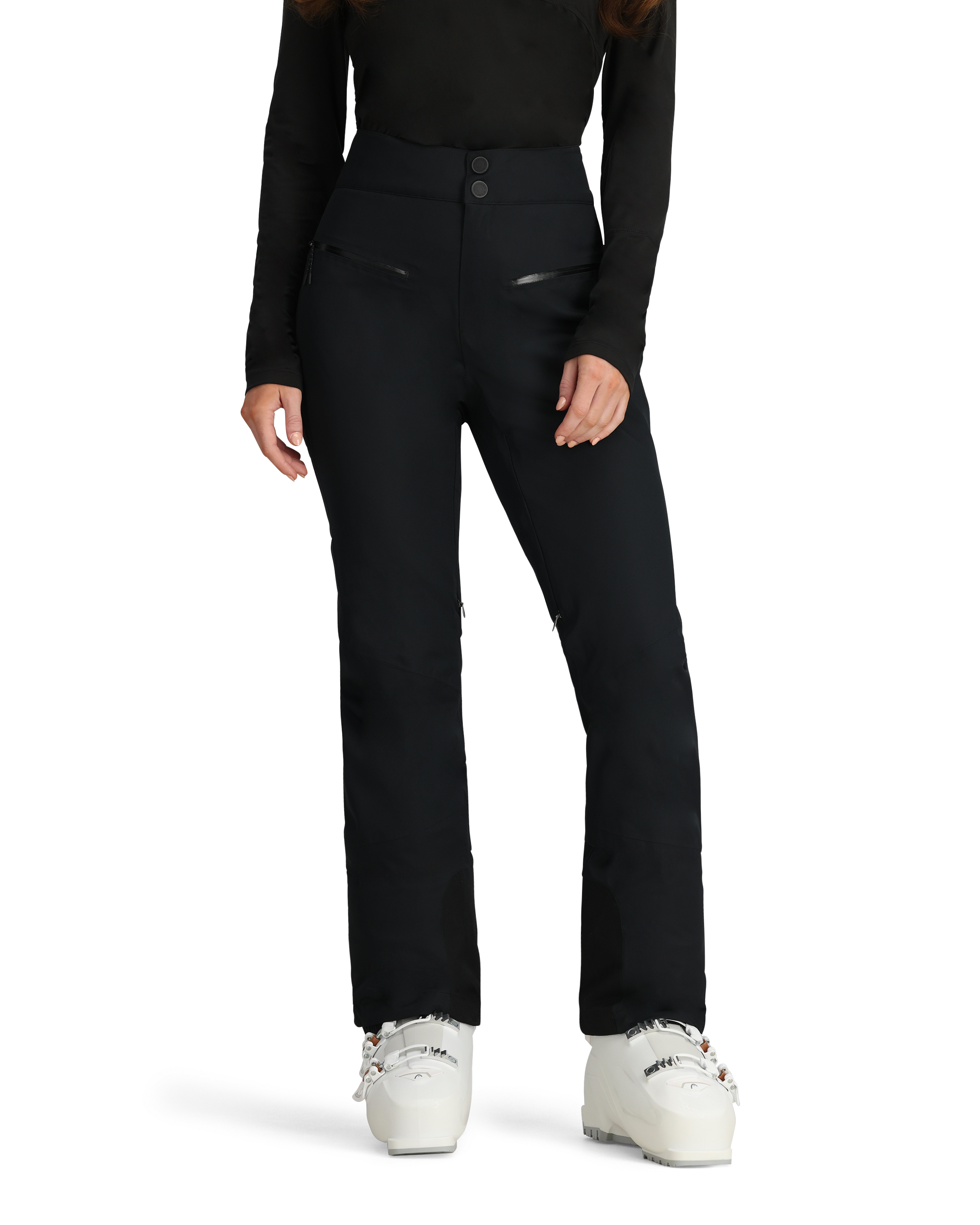 Black insulated ski pants with button waist and full-length leg zips