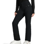 Black insulated ski pants with diagonal zip pocket and side leg zippers