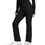 Black insulated ski pants with diagonal zip pocket and side leg zippers