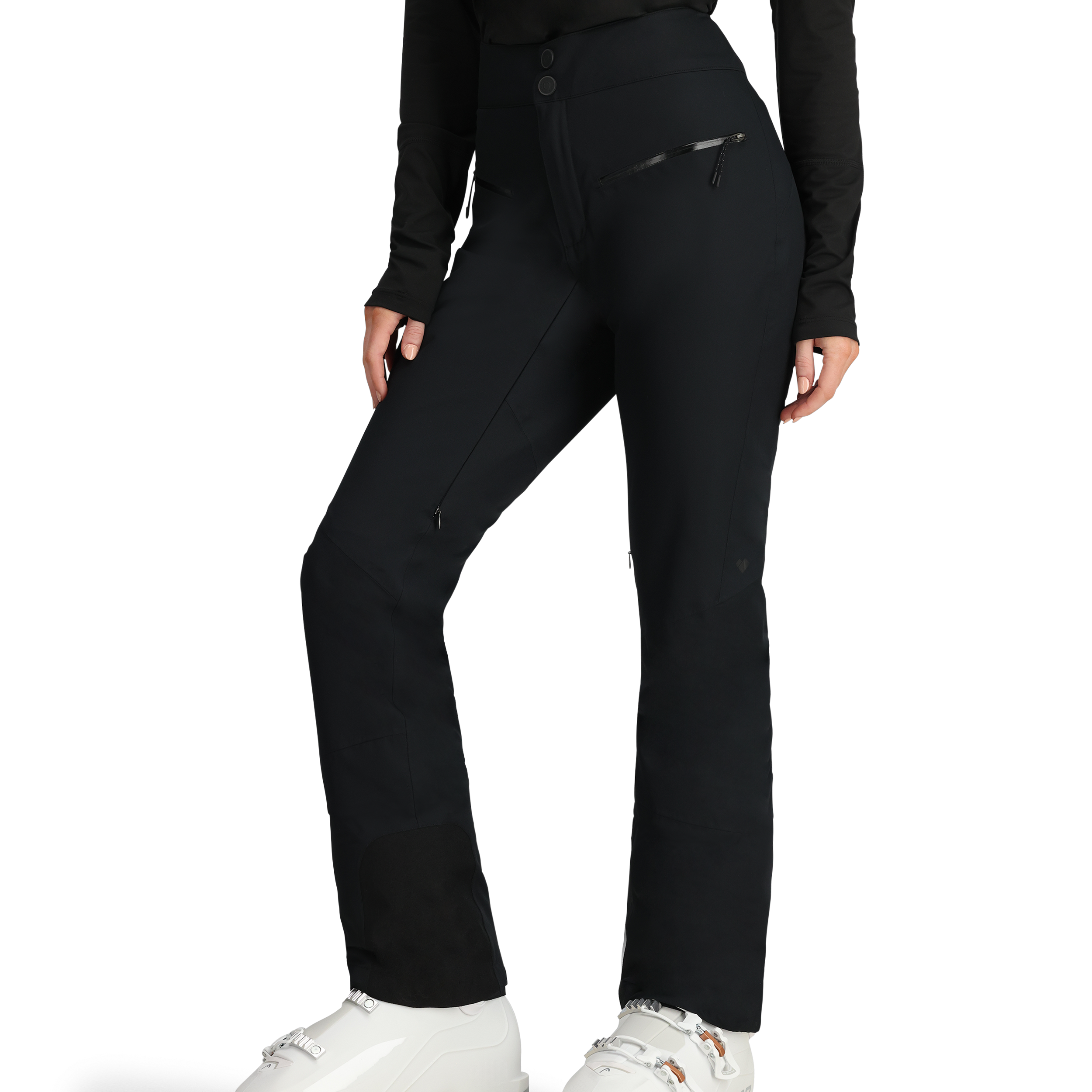 Black insulated ski pants with diagonal zip pocket and side leg zippers
