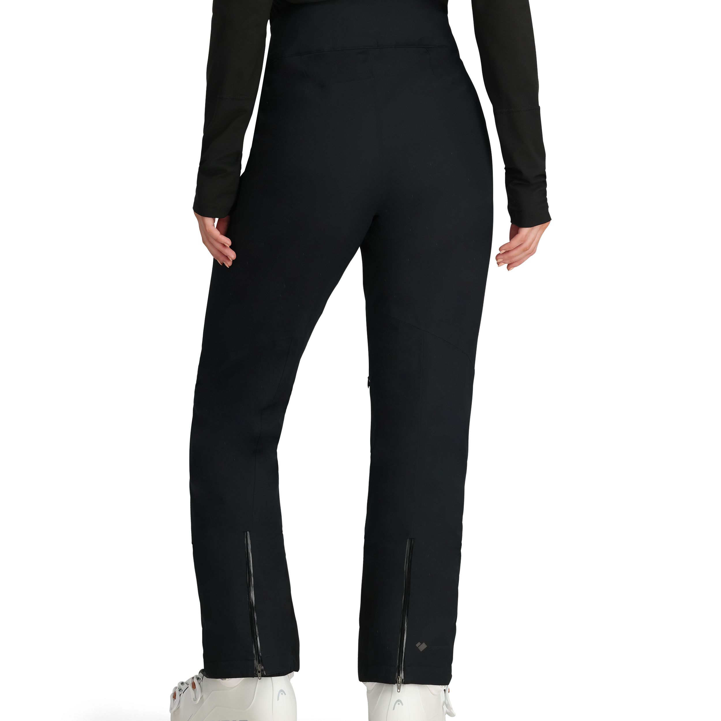 Black insulated ski pants with back welt pockets and side leg zippers