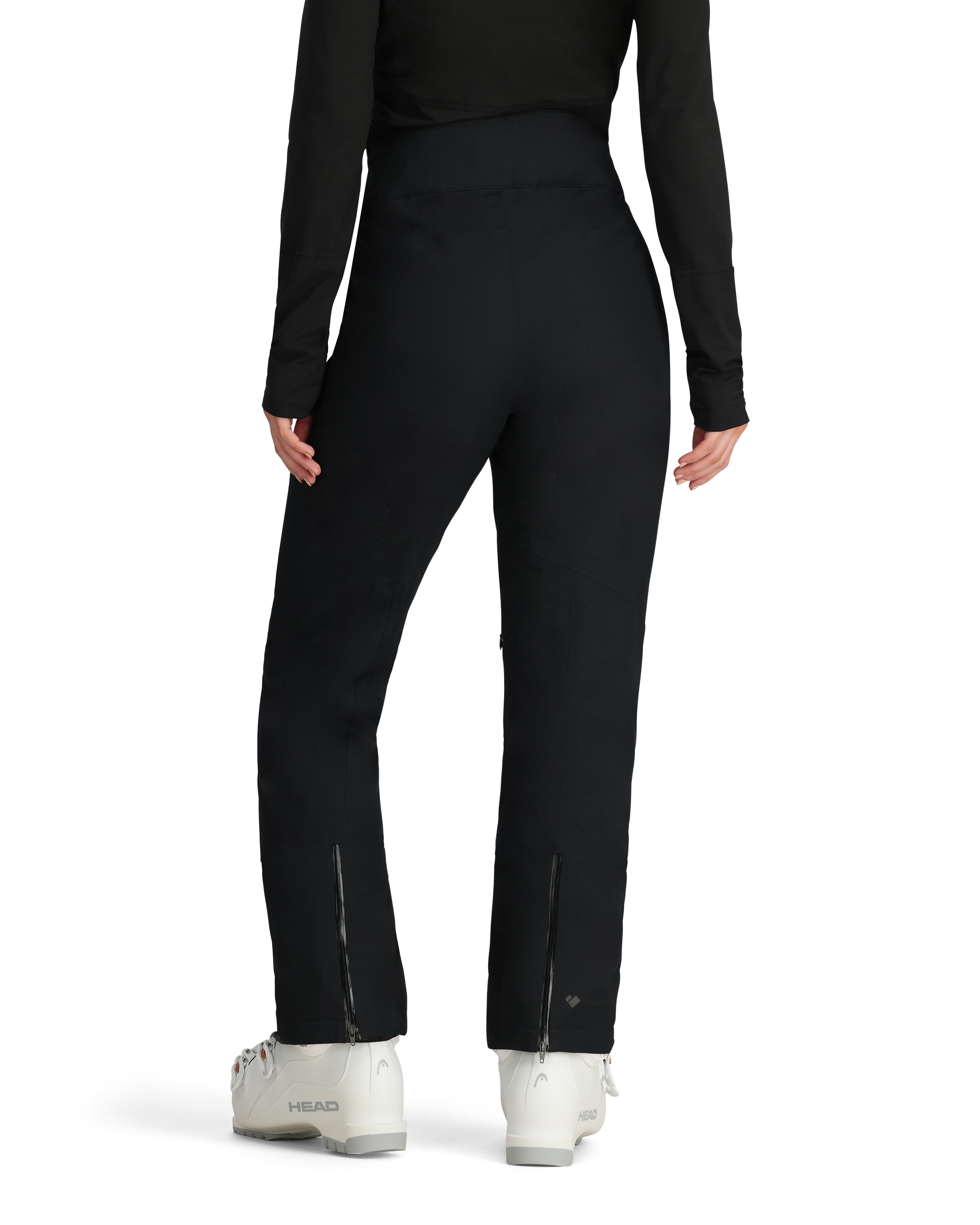 Black insulated ski pants with back welt pockets and side leg zippers