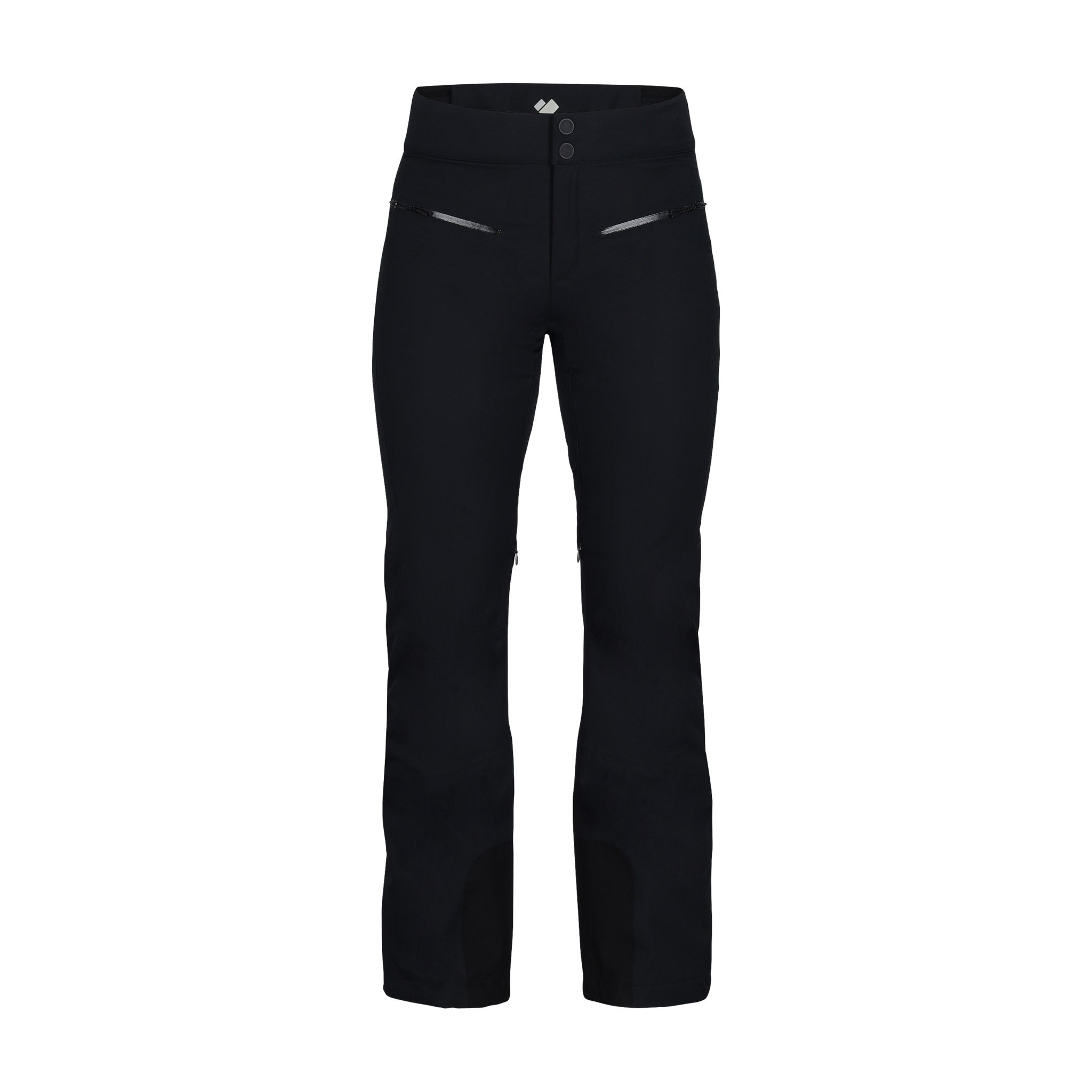 Obermeyer Women's Bliss Insulated Pant 2025 - Black insulated ski pants with zippered pockets and a white logo on the waistband.