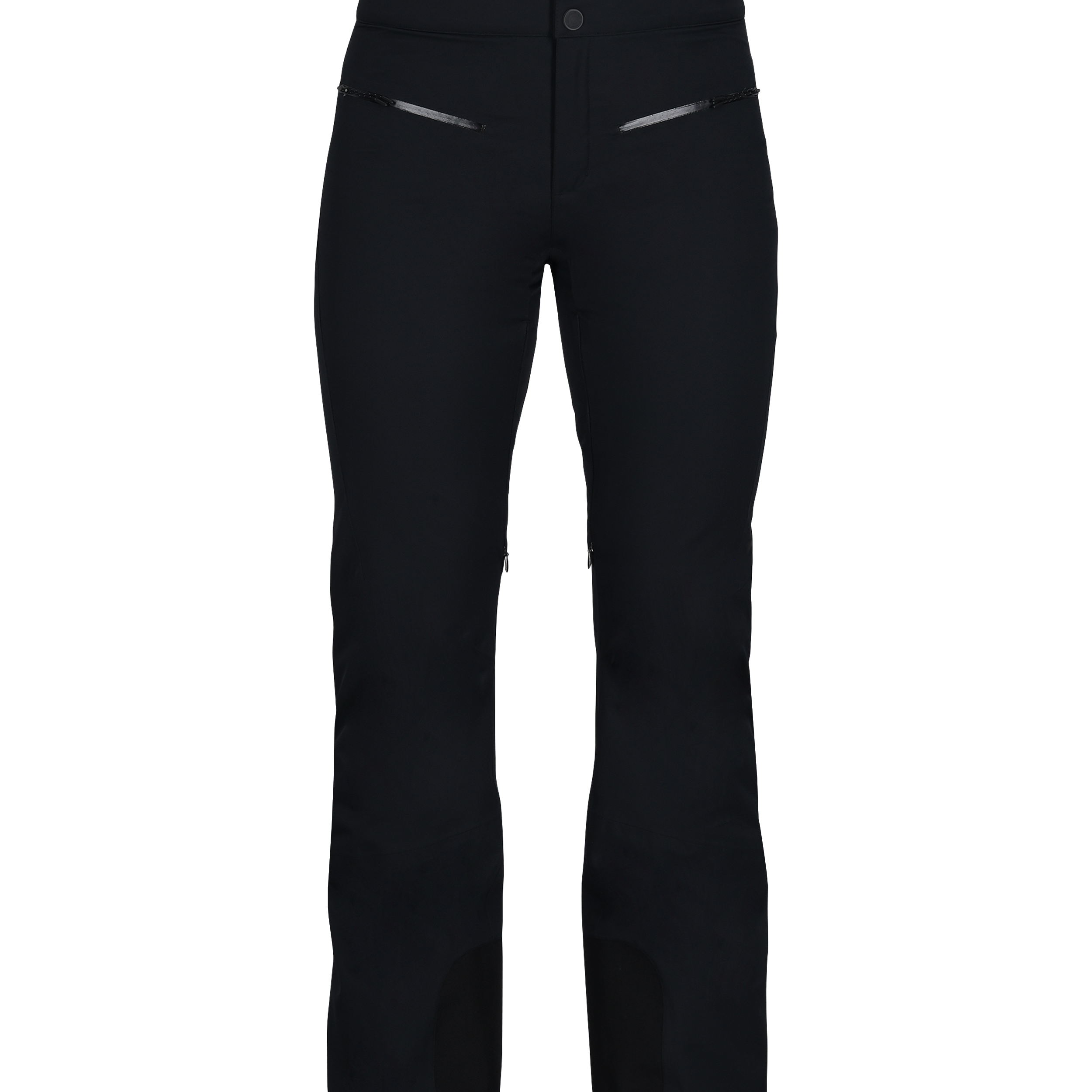 Black insulated ski pants with snap-button waistband and front hand pockets