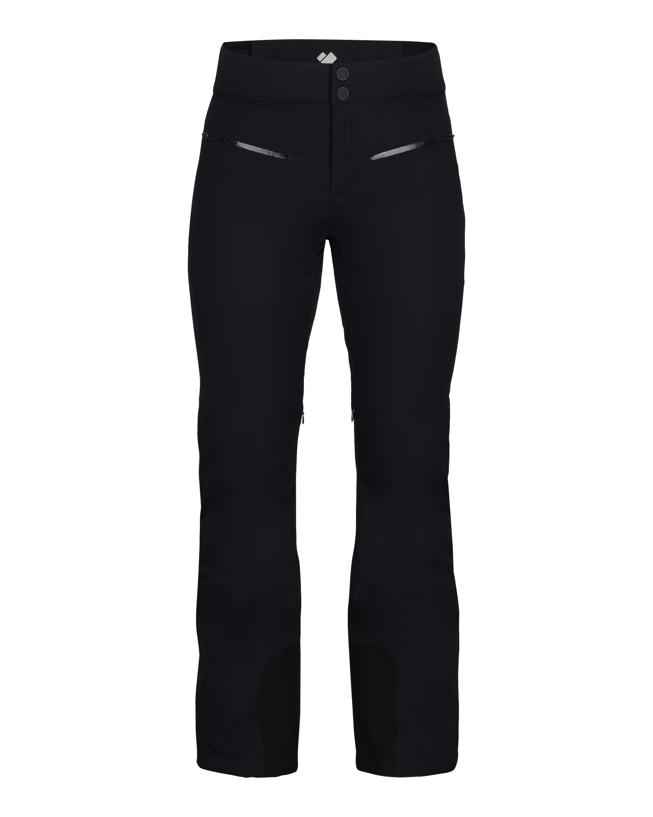 Black insulated ski pants with snap-button waistband and front hand pockets