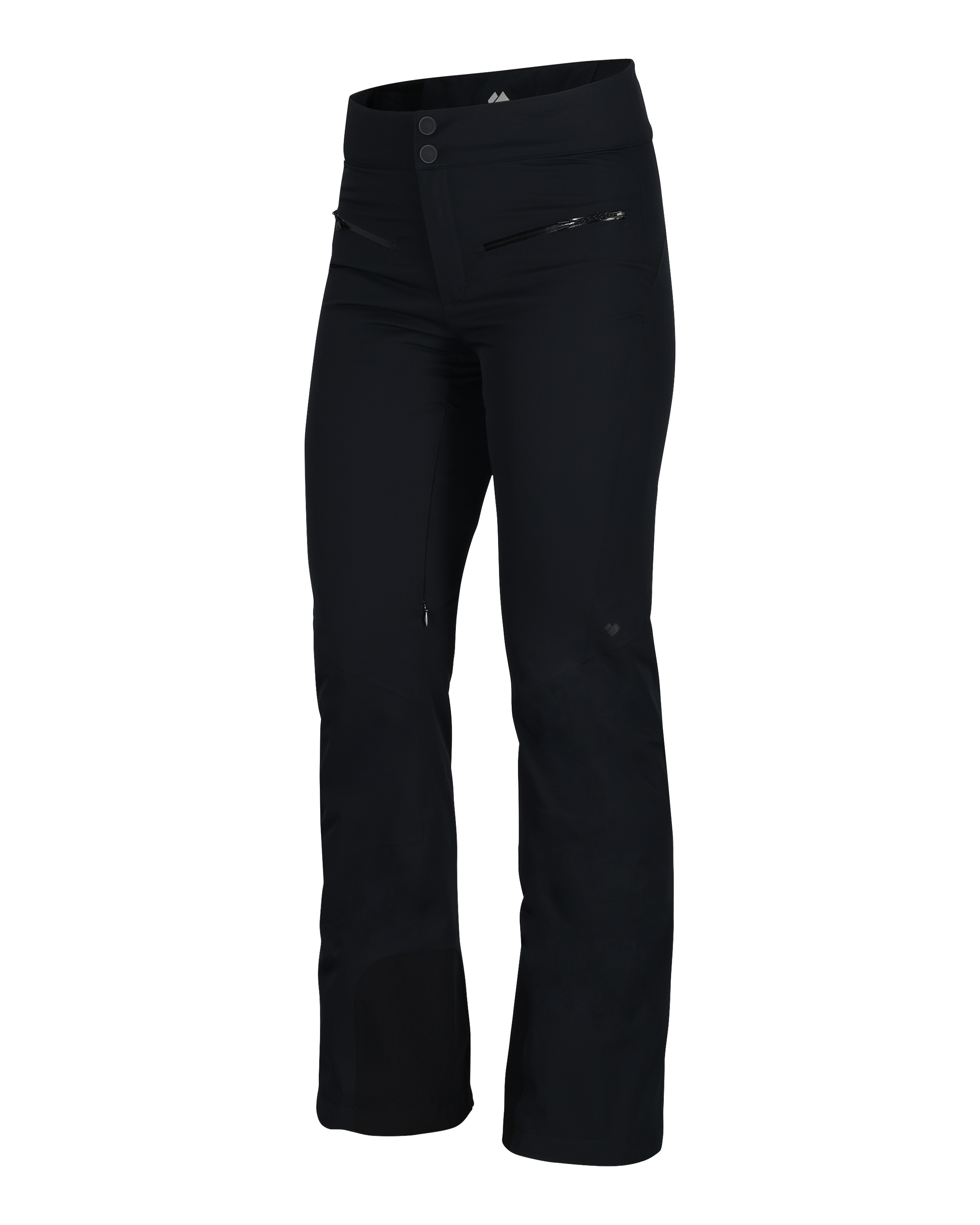 Black insulated ski pants with front panel details and ankle side zipper