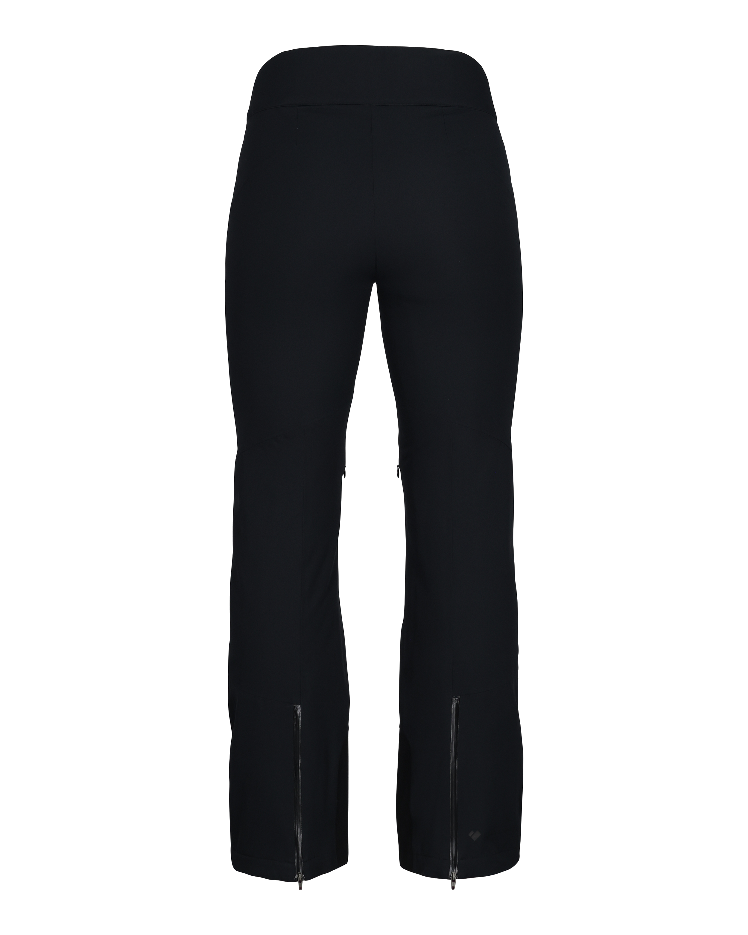 Black insulated ski pants with straight leg cut and side ankle zippers