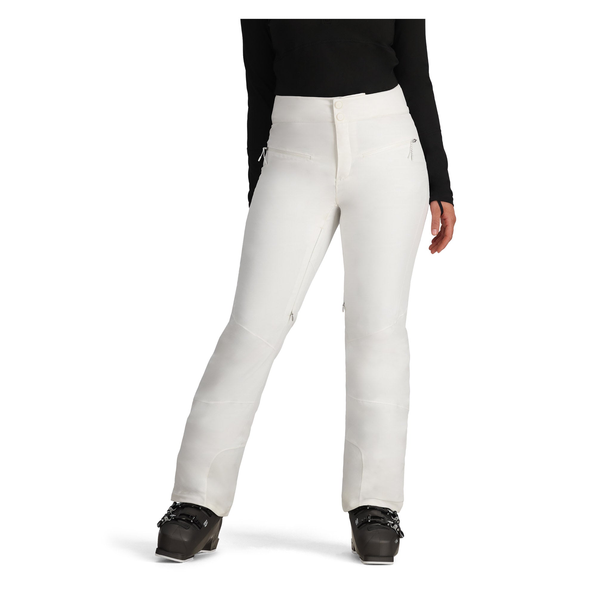 Obermeyer Women's Bliss Insulated Pant 2025 - A pair of white insulated ski pants with zippered pockets and a button fly.