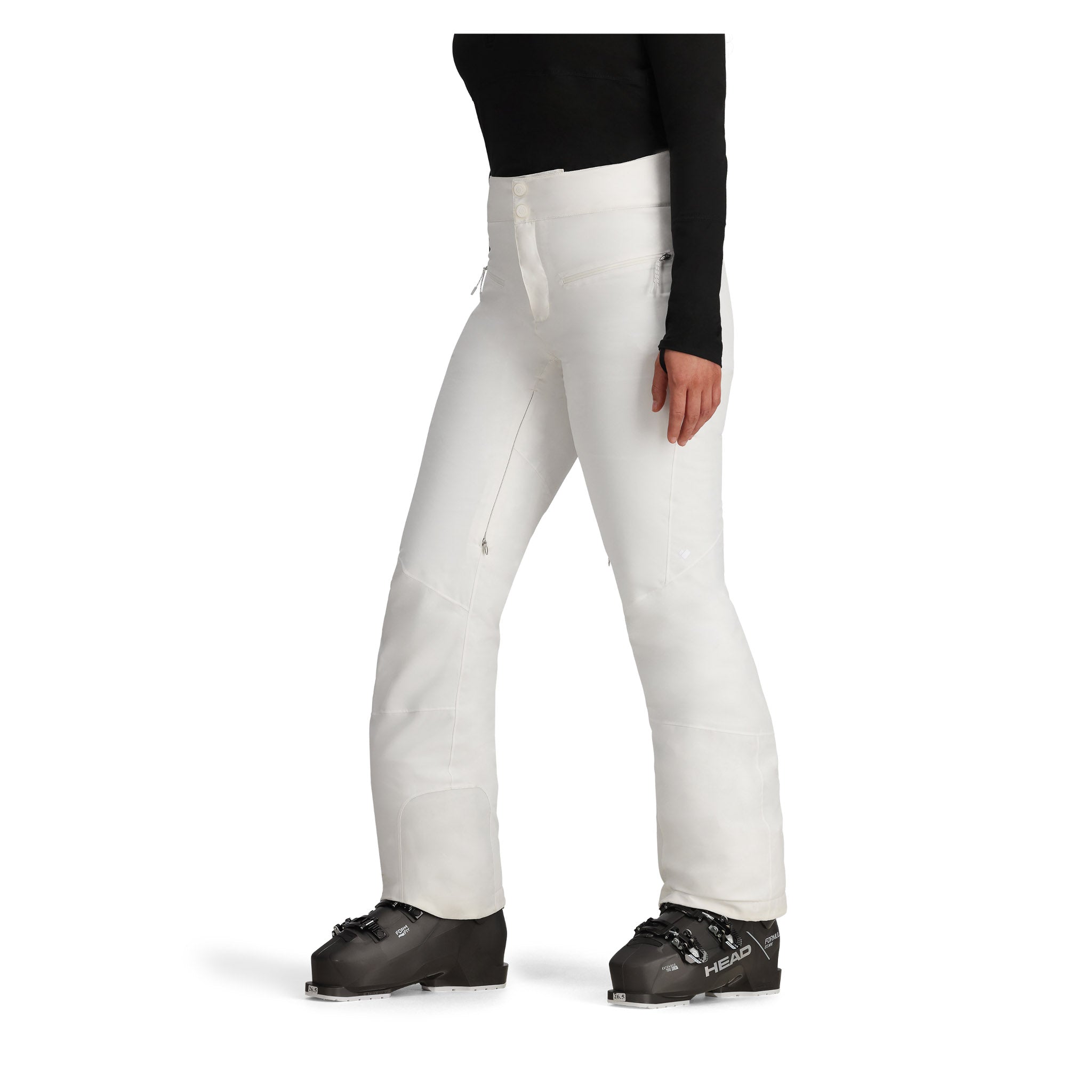 Obermeyer Women's Bliss Insulated Pant 2025 - A pair of white insulated ski pants with a zippered pocket on the side and a small zipper at the top.