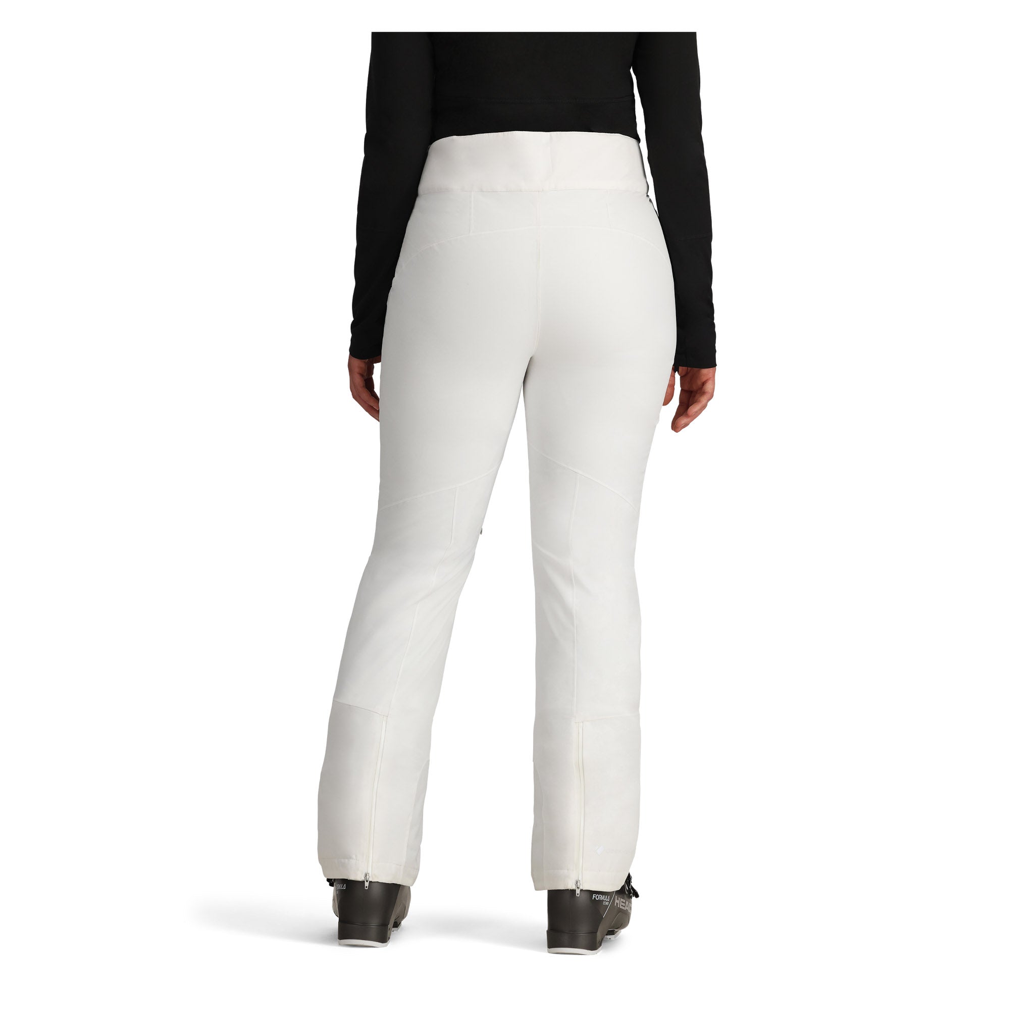 Obermeyer Women's Bliss Insulated Pant 2025 - A pair of white insulated ski pants with a zippered pocket on the side and a small logo patch near the left hip.