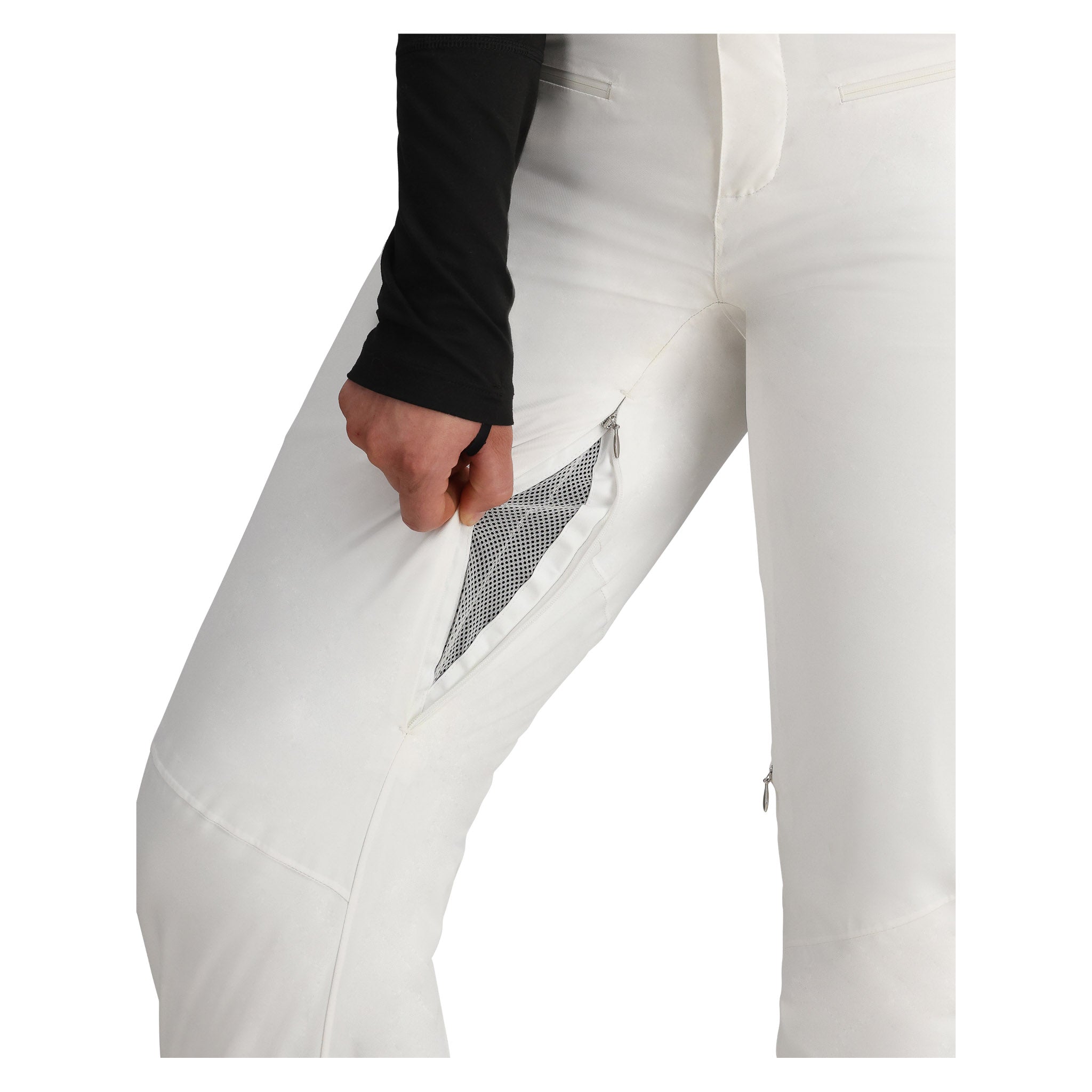 Obermeyer Women's Bliss Insulated Pant 2025 - A pair of white insulated ski pants with a zippered pocket on the side and a small zipper at the ankle.