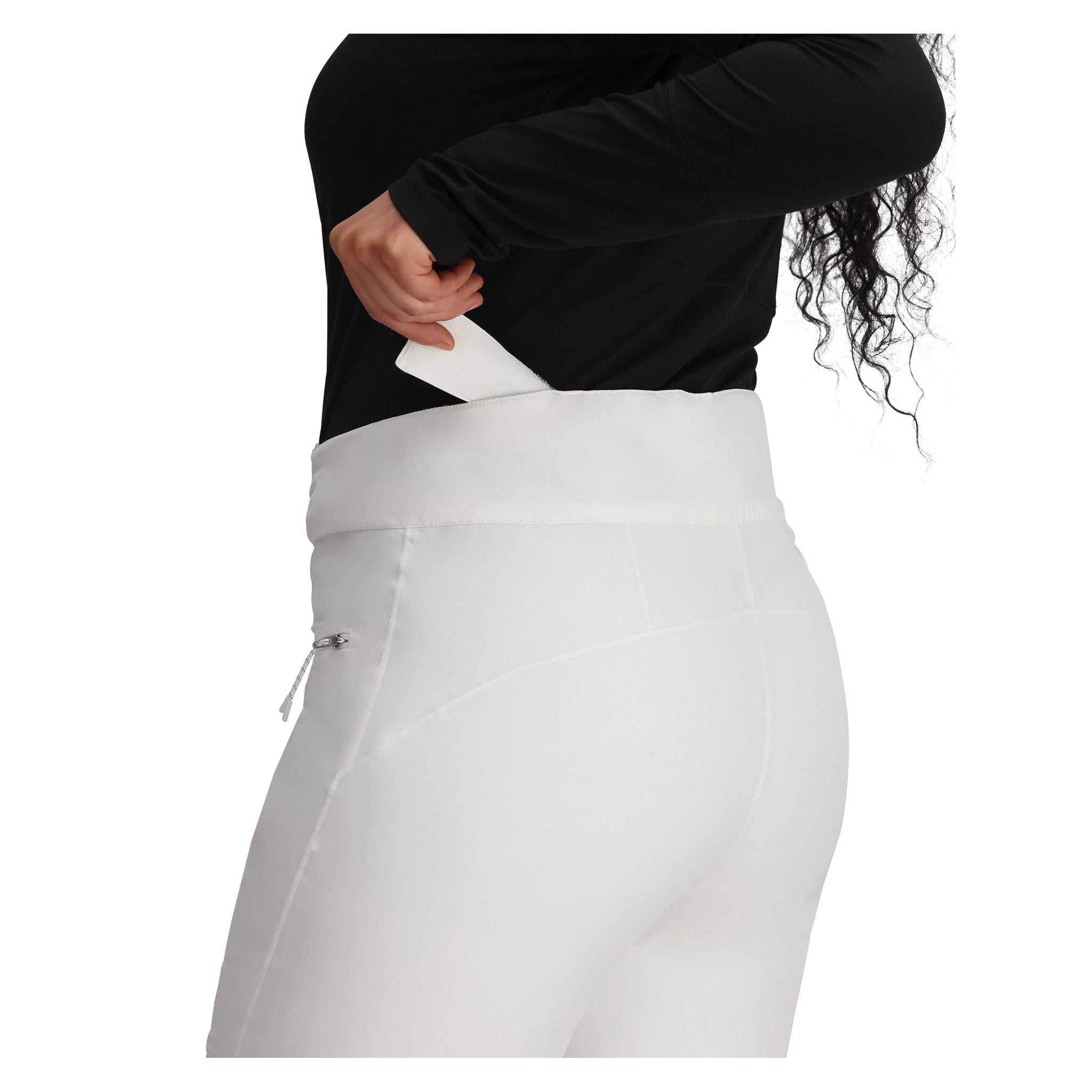 Obermeyer Women's Bliss Insulated Pant 2025 - A pair of white insulated ski pants with a zippered pocket on the side.