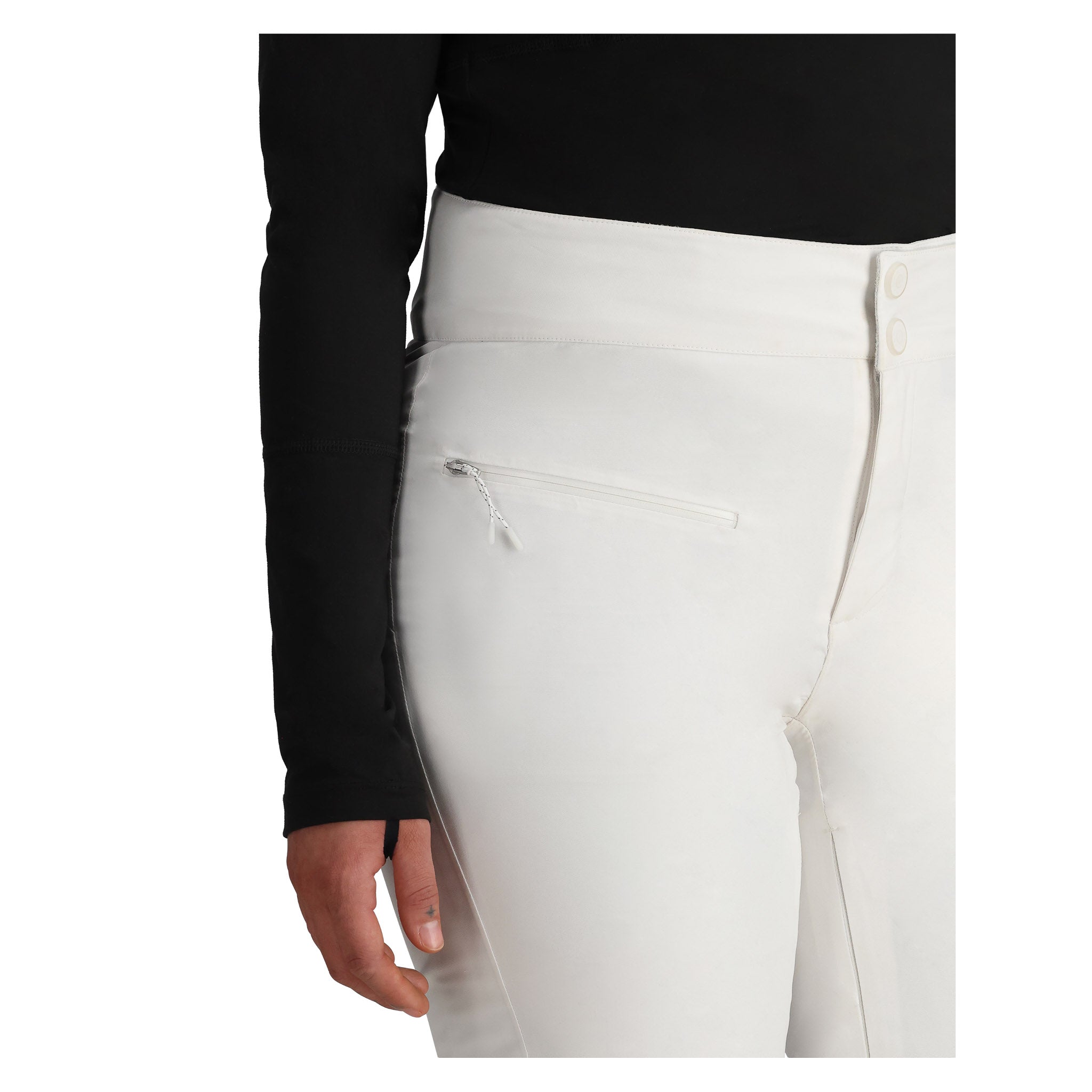 Obermeyer Women's Bliss Insulated Pant 2025 - A pair of white insulated ski pants with a zippered pocket on the side.