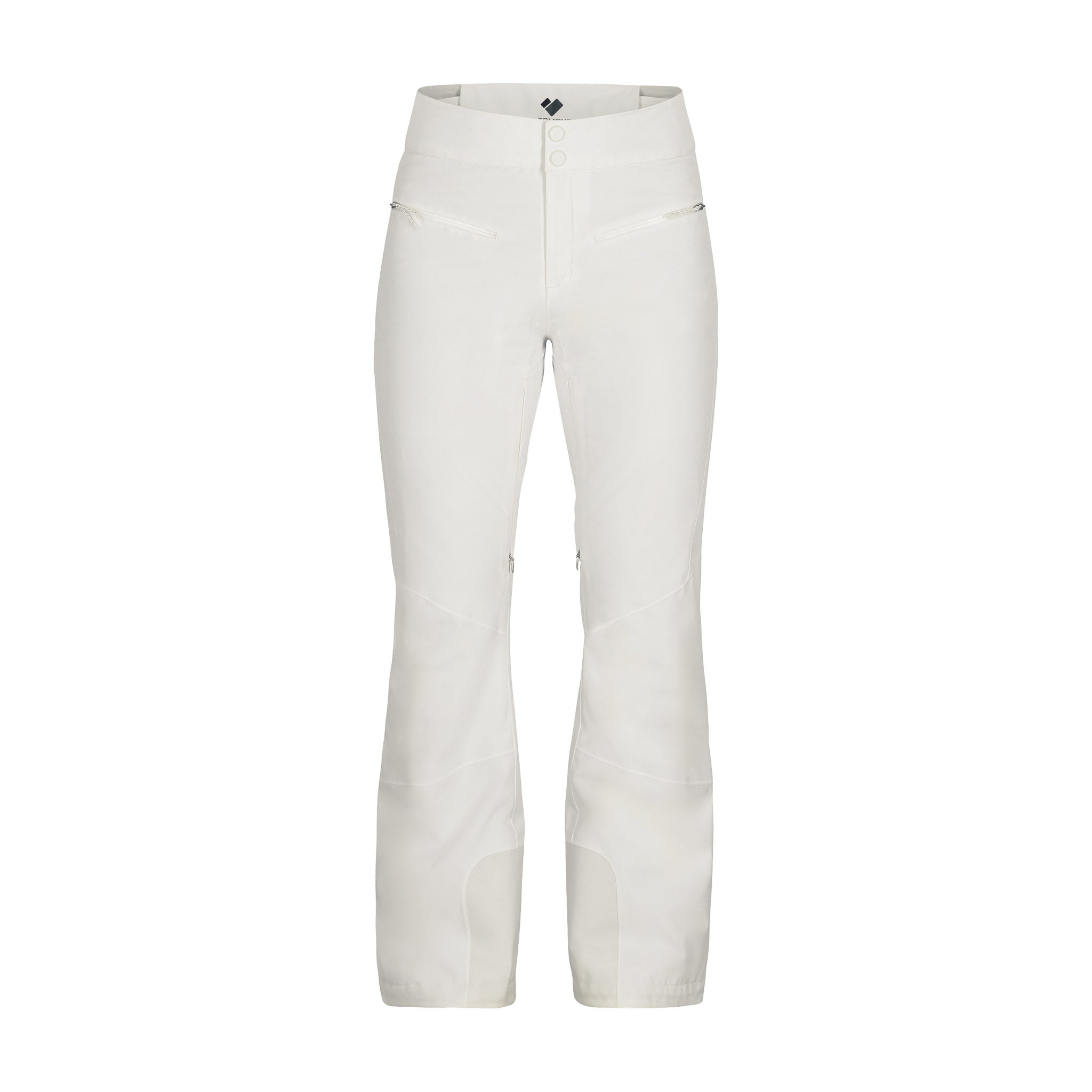Obermeyer Women's Bliss Insulated Pant 2025 - A pair of white insulated ski pants with a button fly and zippered pockets.