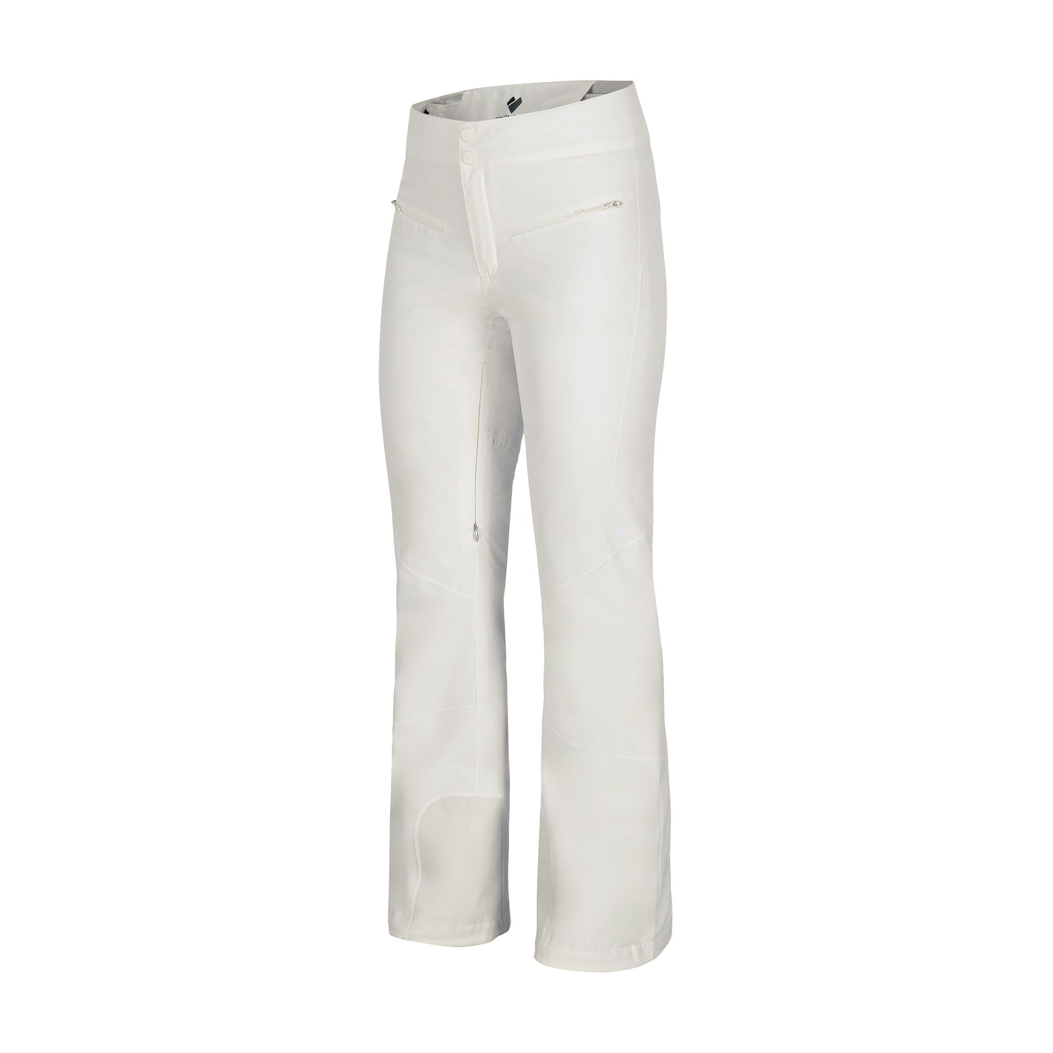 Obermeyer Women's Bliss Insulated Pant 2025 - A pair of white snow pants with a zippered pocket on the right thigh and a small black tag visible inside the waistband.