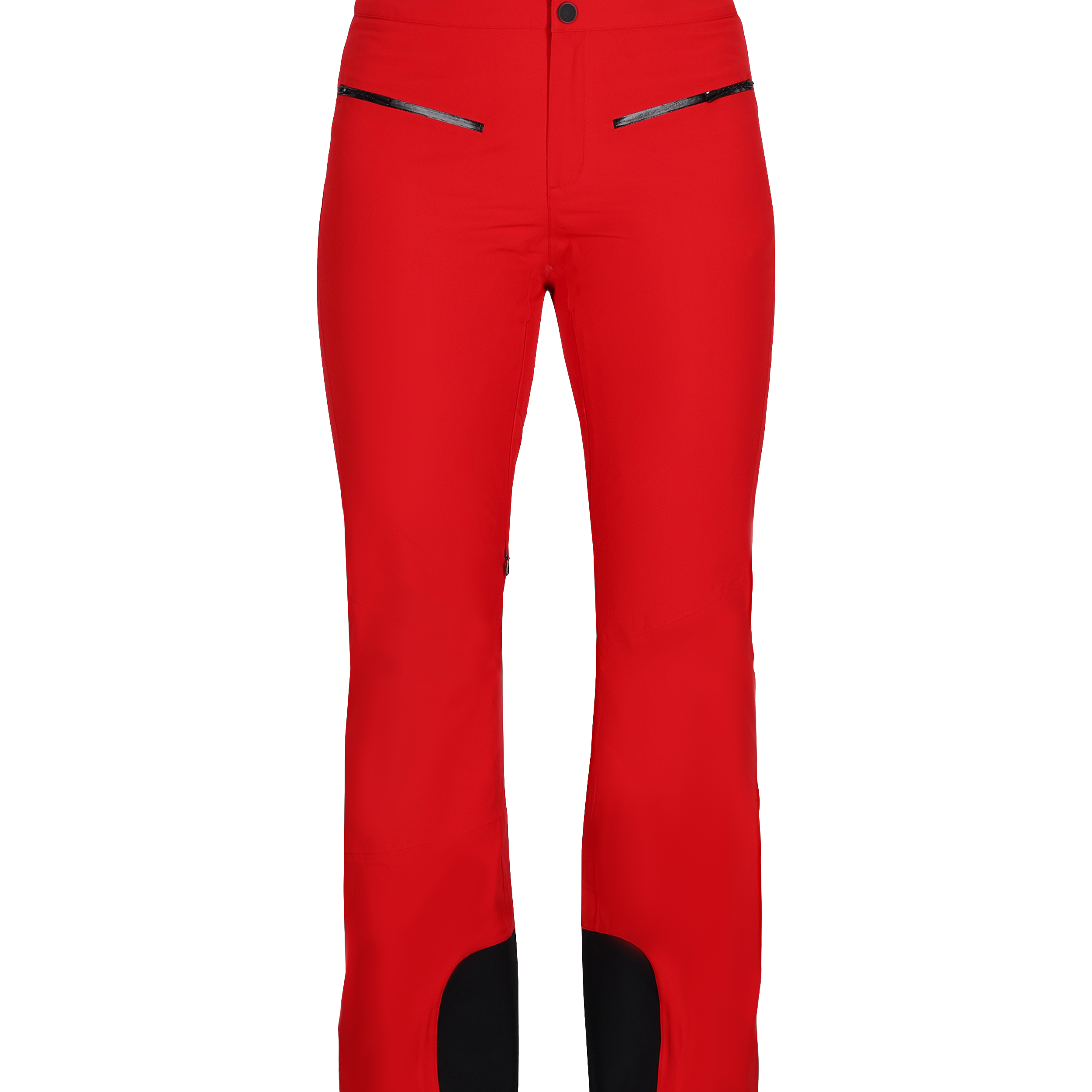 Obermeyer Women's Bliss Insulated Pant 2025 - A pair of red ski pants with black accents and a zippered pocket on the side.