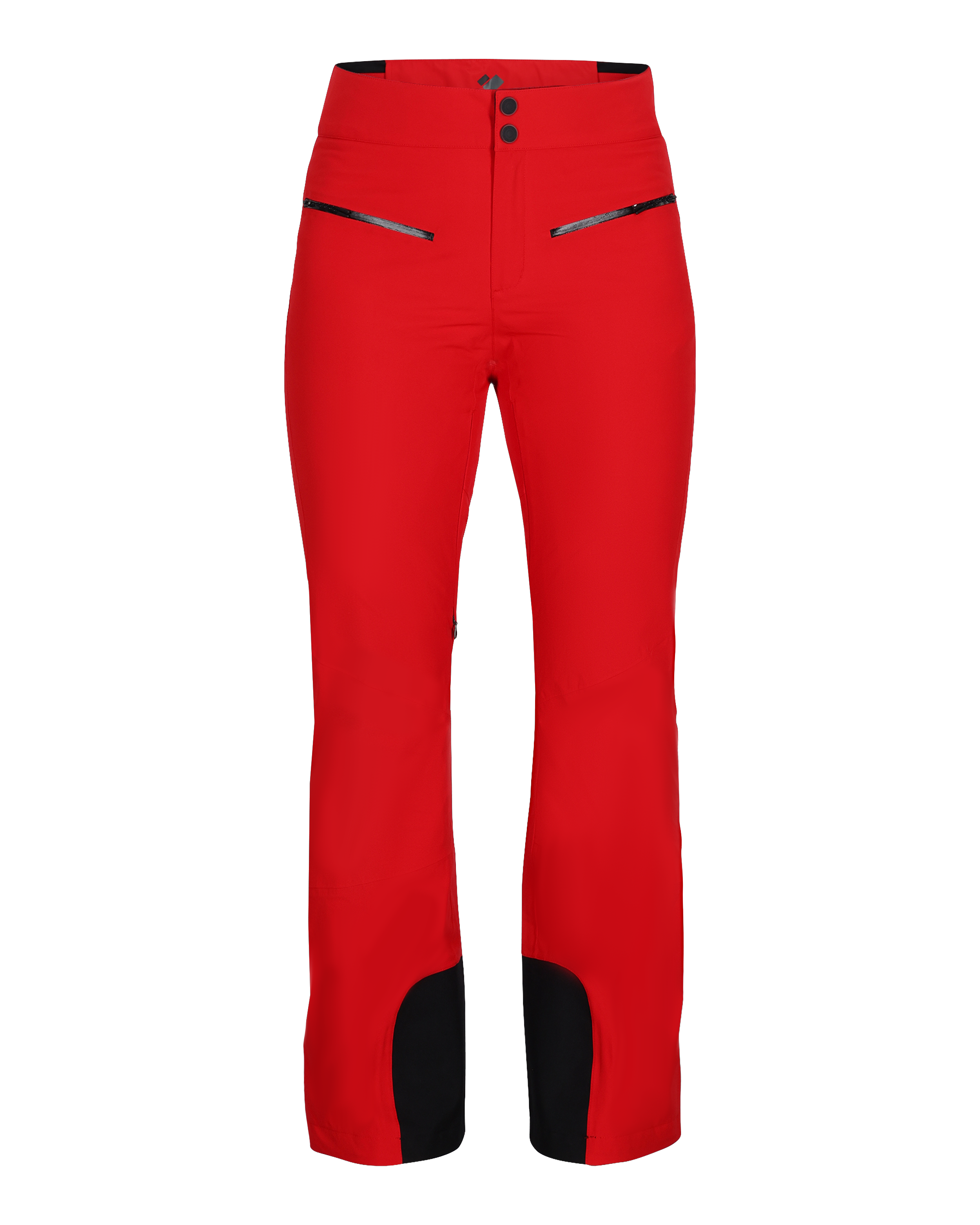 Obermeyer Women's Bliss Insulated Pant 2025 - A pair of red ski pants with black accents and a zippered pocket on the side.