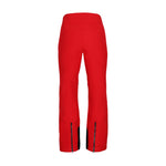 Obermeyer Women's Bliss Insulated Pant 2025 - A pair of red ski pants with a black zipper on the left leg, featuring a subtle snowflake pattern and a slight sheen to the fabric.