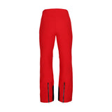 Obermeyer Women's Bliss Insulated Pant 2025 - A pair of red ski pants with a black zipper on the left leg, featuring a subtle snowflake pattern and a slight sheen to the fabric.