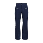 Obermeyer Women's Bliss Insulated Pant 2025 - A pair of navy blue insulated ski pants with two zippered pockets on the back and a small white logo near the bottom hem.