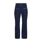 Obermeyer Women's Bliss Insulated Pant 2025 - A pair of navy blue insulated ski pants with two zippered pockets on the back and a small white logo near the bottom hem.