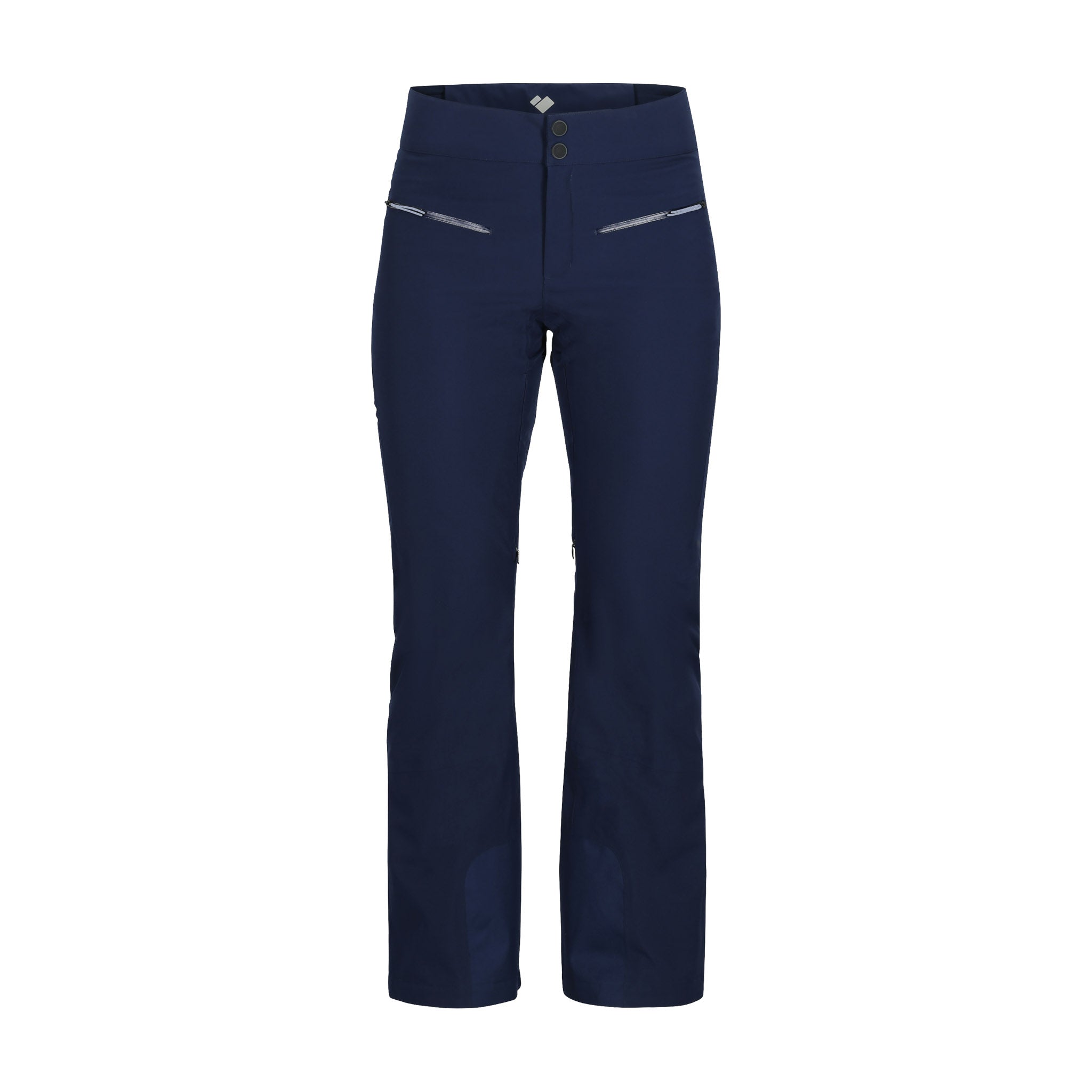 Obermeyer Women's Bliss Insulated Pant 2025 - A pair of navy blue insulated ski pants with two zippered pockets on the back and a small white logo near the bottom hem.