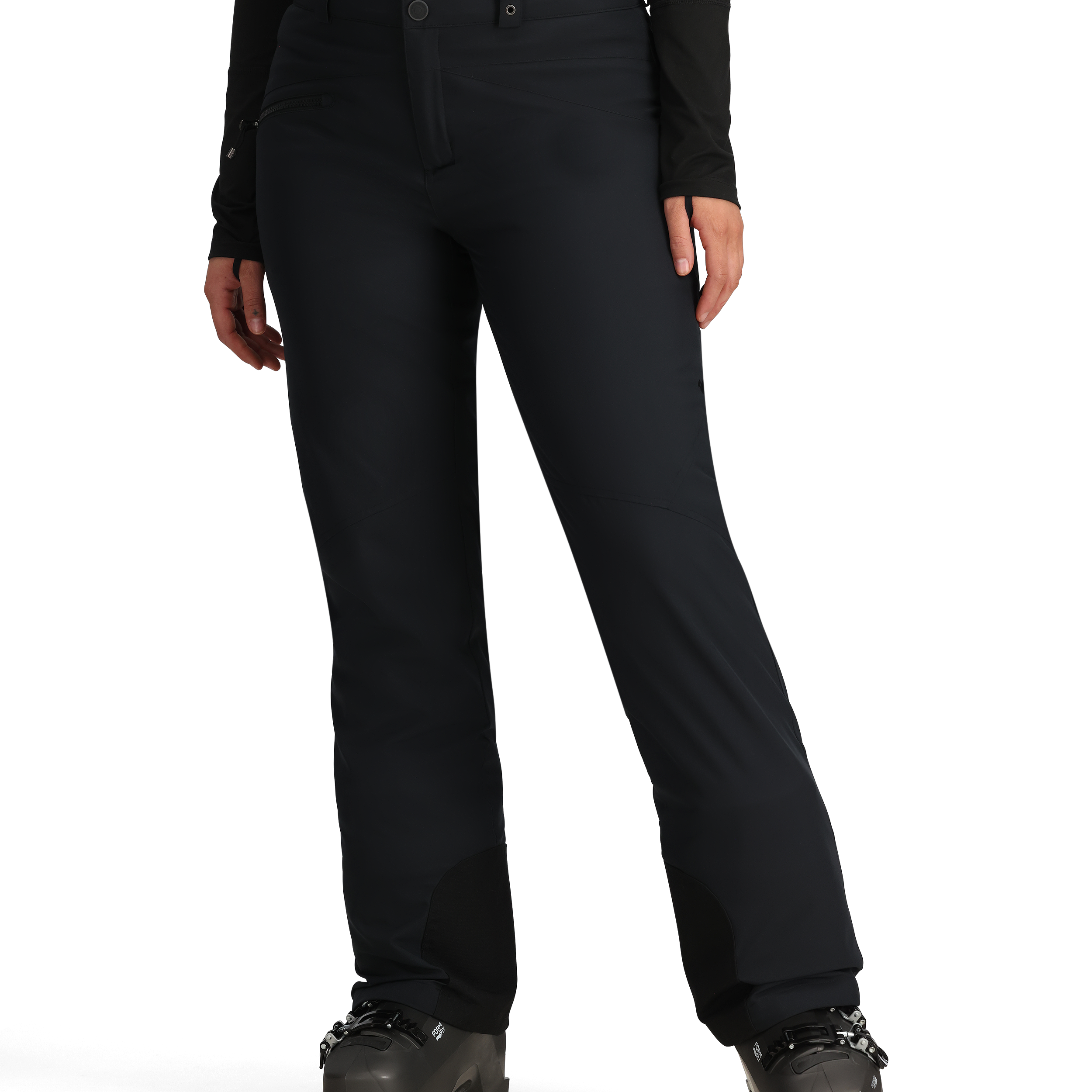 Obermeyer Women's Malta Insulated Pant 2025 - Black snow pants with zippered pockets and adjustable cuffs.