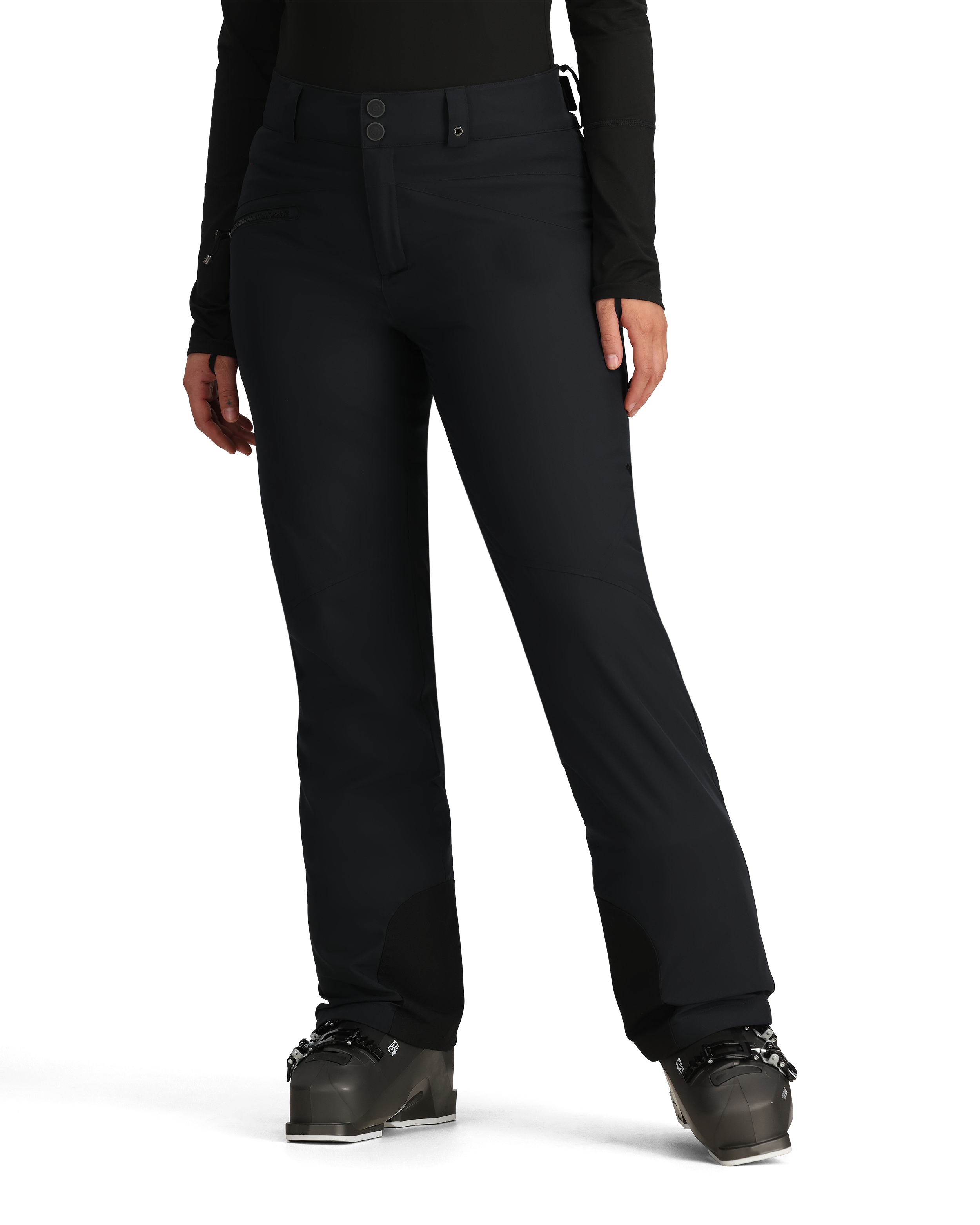 Obermeyer Women's Malta Insulated Pant 2025 - Black snow pants with zippered pockets and adjustable cuffs.
