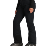 Obermeyer Women's Malta Insulated Pant 2025 - Black snow pants with a zippered pocket on the side of the leg and adjustable Velcro straps at the waist.