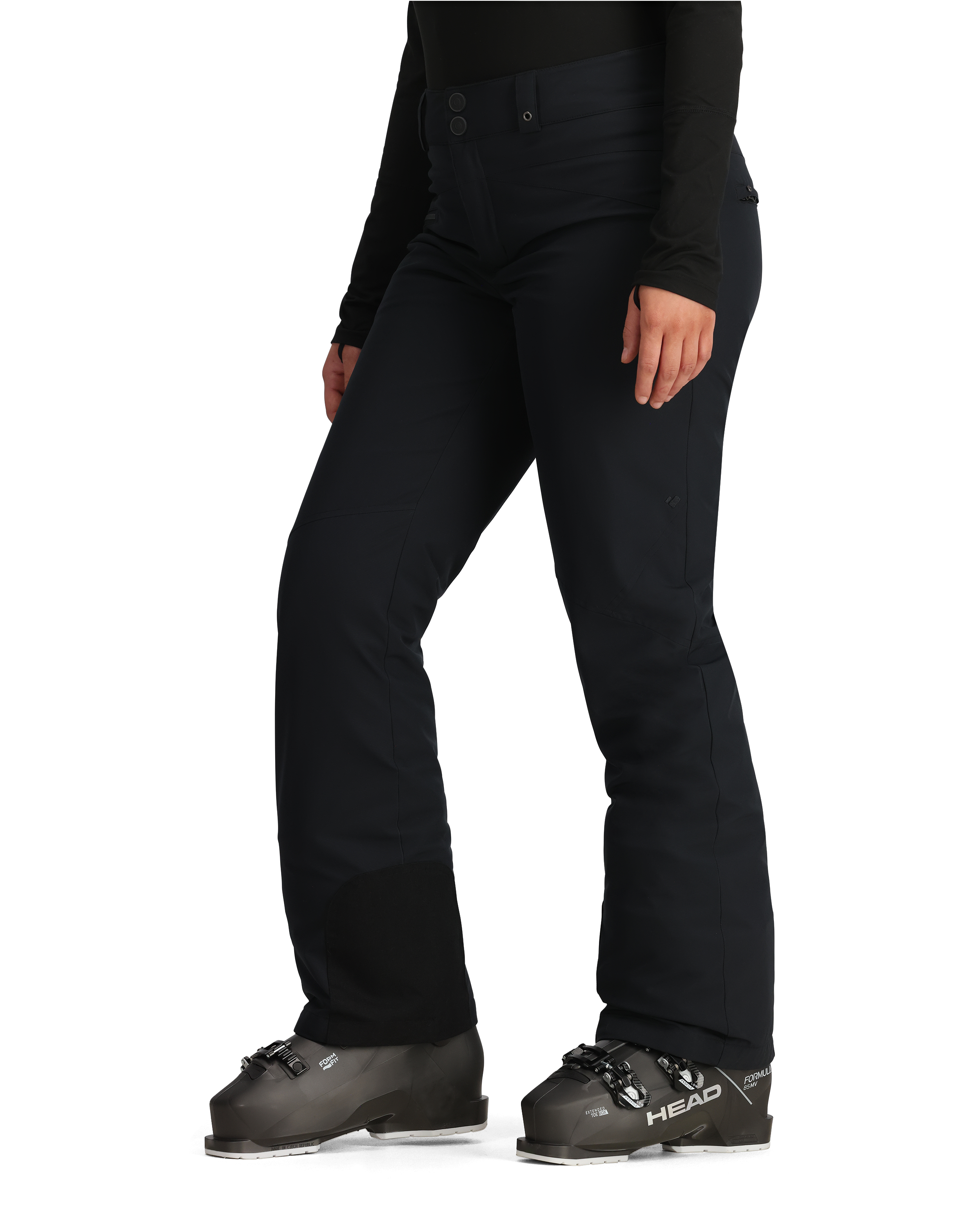 Obermeyer Women's Malta Insulated Pant 2025 - Black snow pants with a zippered pocket on the side of the leg and adjustable Velcro straps at the waist.