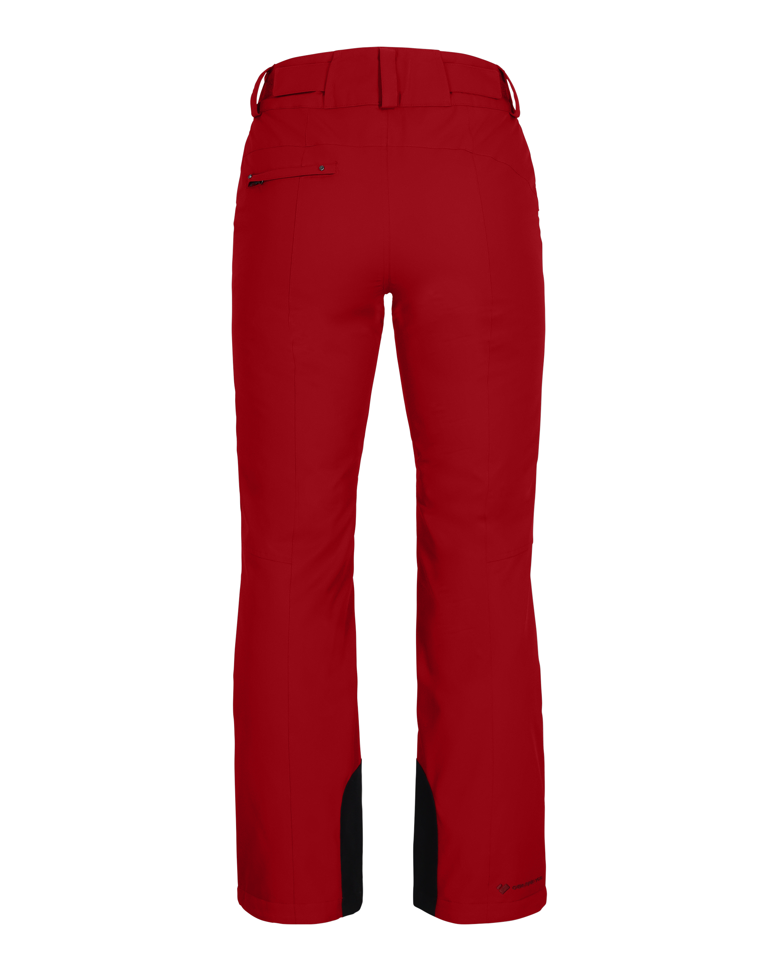Obermeyer Women's Malta Insulated Pant 2025 - A pair of red ski pants with a black logo on the left leg and a small pocket on the right hip.