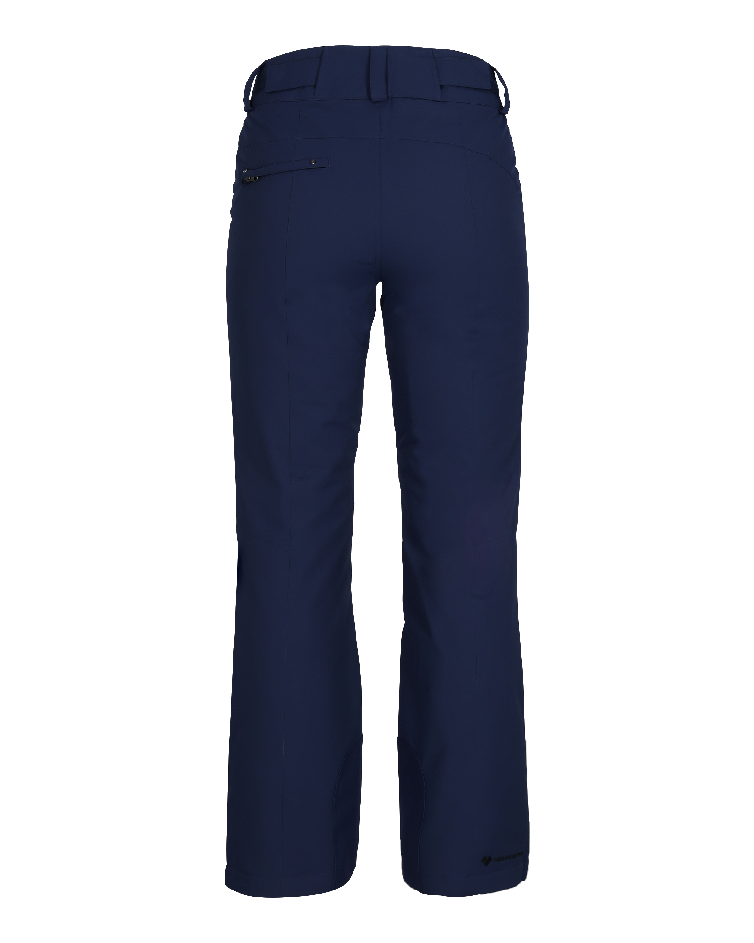 Obermeyer Women's Malta Insulated Pant 2025 - Dark blue snow pants with a zippered pocket on the right thigh and adjustable cuffs at the bottom.