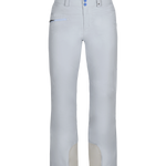 Obermeyer Women's Malta Insulated Pant 2025 - A pair of white snow pants with a zippered pocket on the right thigh and two blue buttons at the waistband.