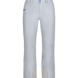 Obermeyer Women's Malta Insulated Pant 2025 - A pair of white snow pants with a zippered pocket on the right thigh and two blue buttons at the waistband.