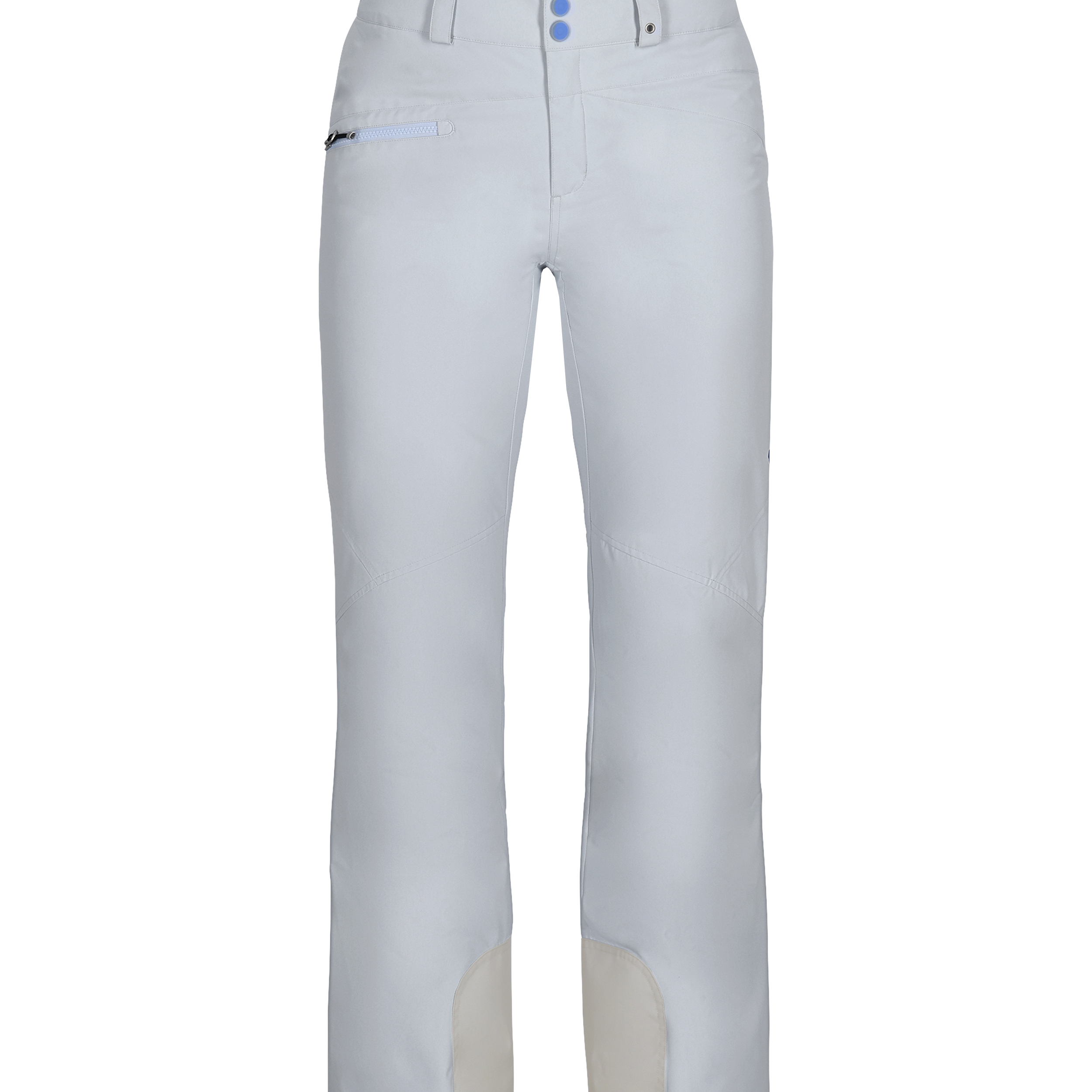 Obermeyer Women's Malta Insulated Pant 2025 - A pair of white snow pants with a zippered pocket on the right thigh and two blue buttons at the waistband.
