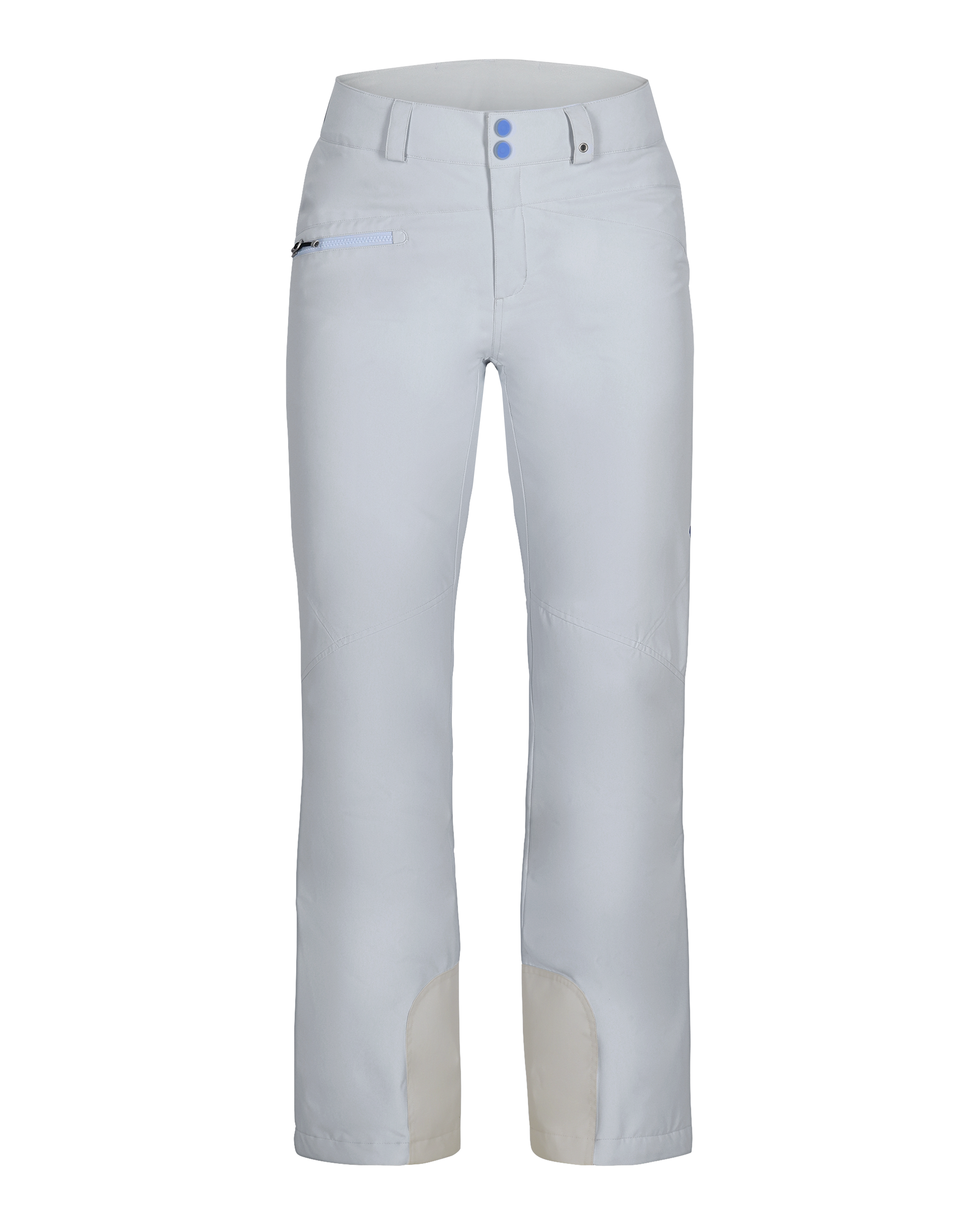 Obermeyer Women's Malta Insulated Pant 2025 - A pair of white snow pants with a zippered pocket on the right thigh and two blue buttons at the waistband.