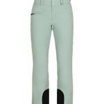 Obermeyer Women's Malta Insulated Pant 2025 - A pair of light green snow pants with a zippered pocket on the right side and black accents at the bottom.