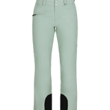 Obermeyer Women's Malta Insulated Pant 2025 - A pair of light green snow pants with a zippered pocket on the right side and black accents at the bottom.