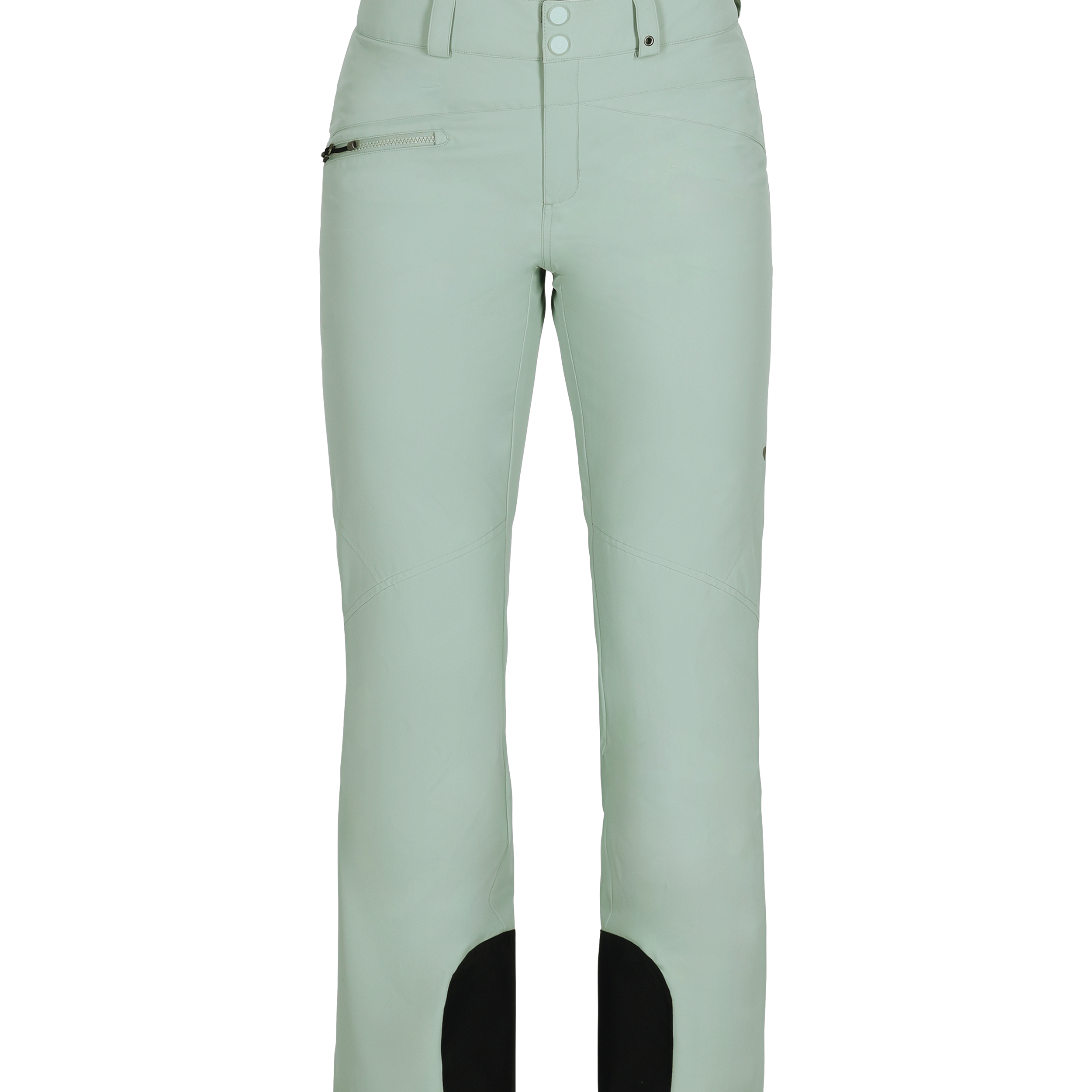 Obermeyer Women's Malta Insulated Pant 2025 - A pair of light green snow pants with a zippered pocket on the right side and black accents at the bottom.
