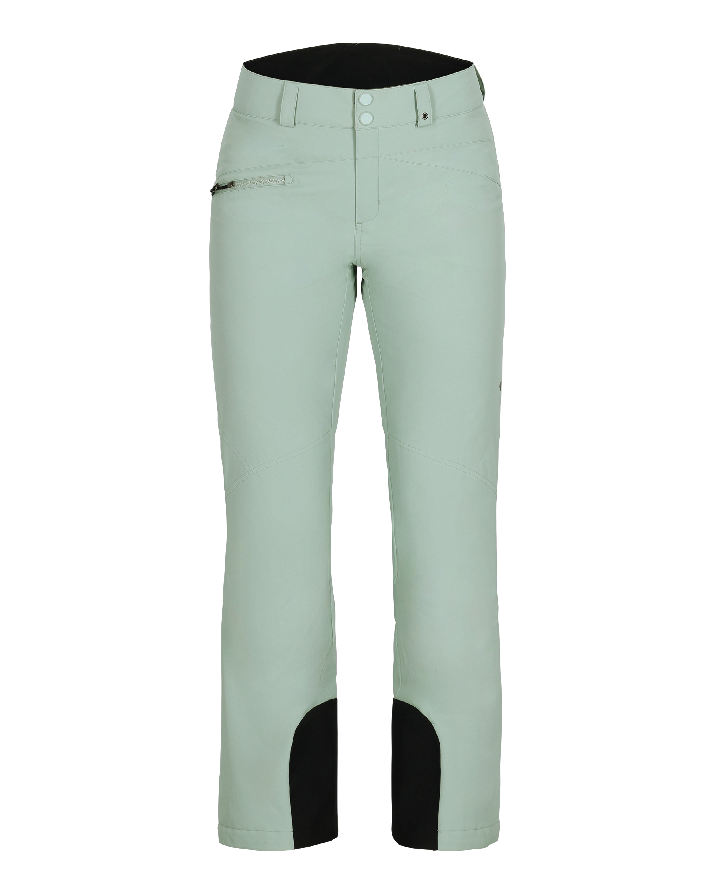 Obermeyer Women's Malta Insulated Pant 2025 - A pair of light green snow pants with a zippered pocket on the right side and black accents at the bottom.
